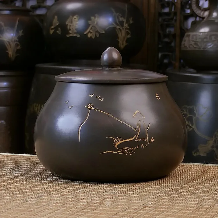 莲心罐7两装【寒江孤影】坭兴陶茶叶罐自用送礼六堡茶普洱茶茶罐