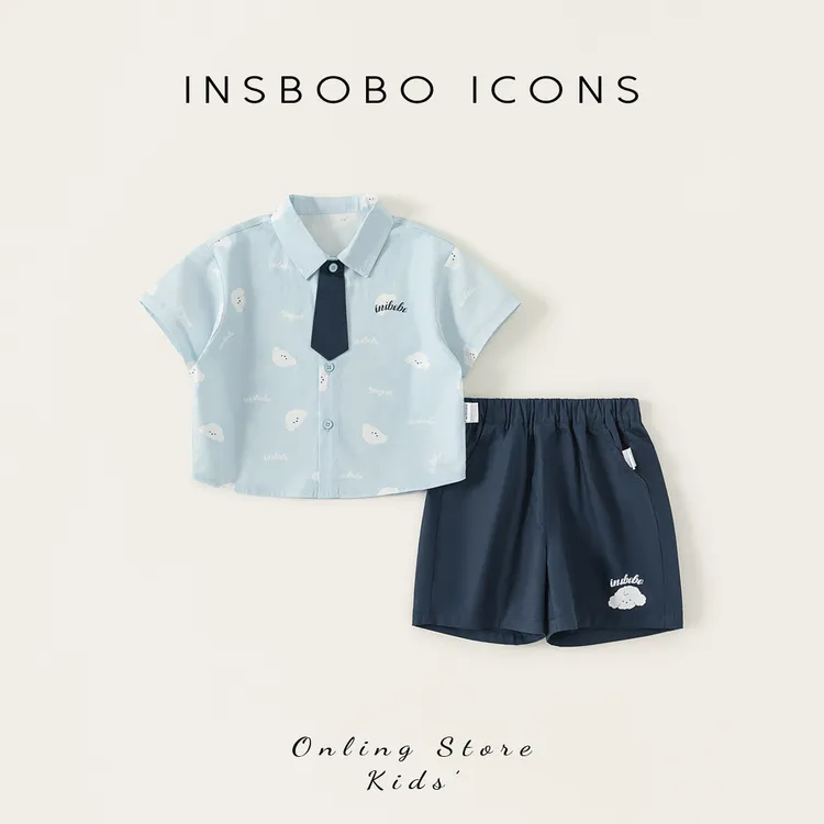 INSbobo儿童套装小狗满印衬衫小狗印花休闲短裤两件套XT85051A