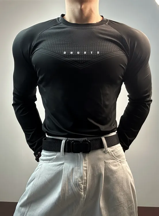 秋冬训练打底衫长袖T恤男水印提花高弹速干透气跑步运动健身衣服 