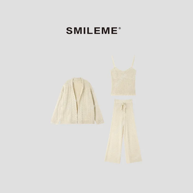 SMILEME【杏花微雨】羊毛混纺绞花针织外套吊带裤子套装MF04626101