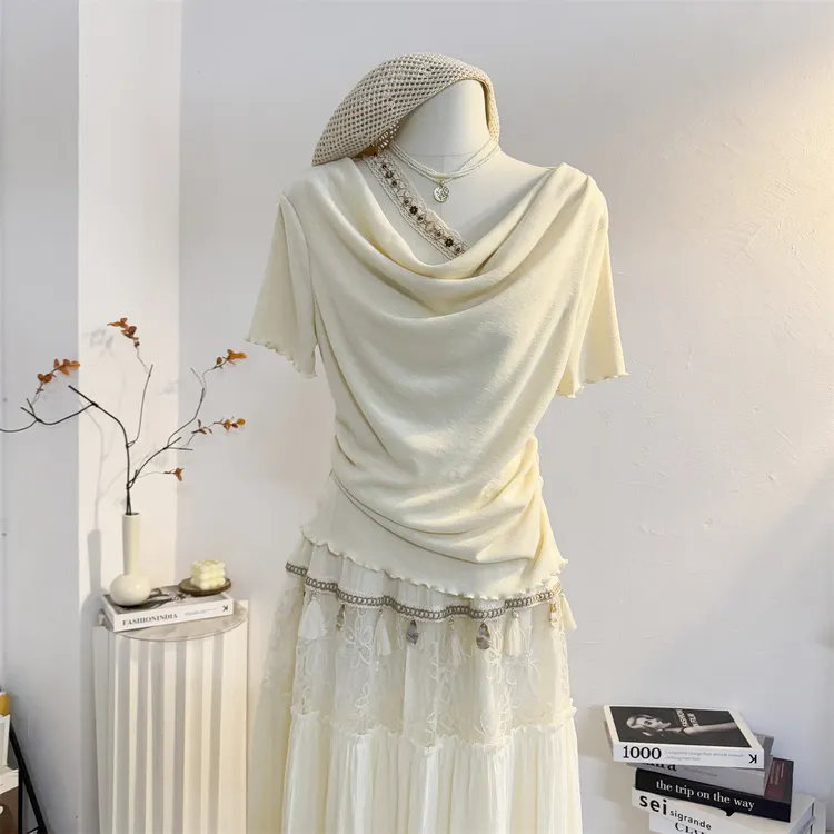 法式温柔荡领短袖T恤女2025夏设计感褶皱收腰波西米亚风小衫上衣