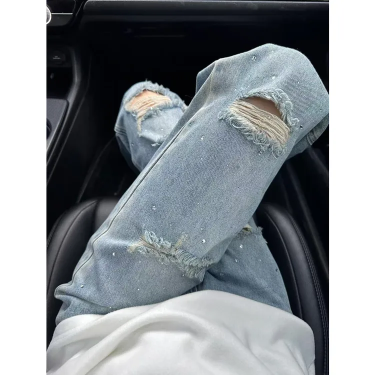 超洋气烫钻大破洞高腰直筒牛仔裤女春秋季2025新款休闲窄版阔腿裤
