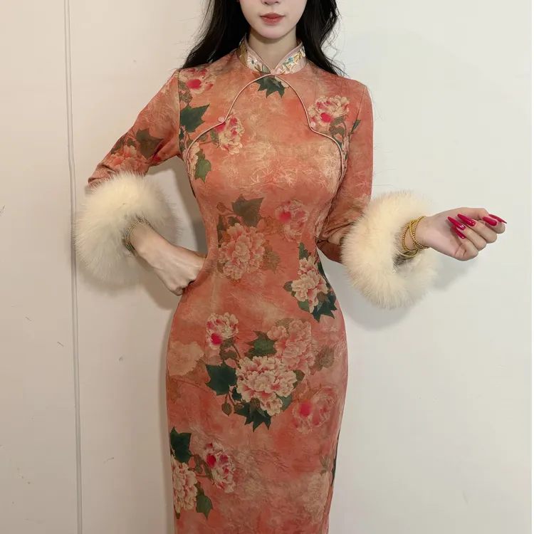 LHMknk1画报夫人原创自制气质针织提花温柔旗袍 秋冬春水煎茶