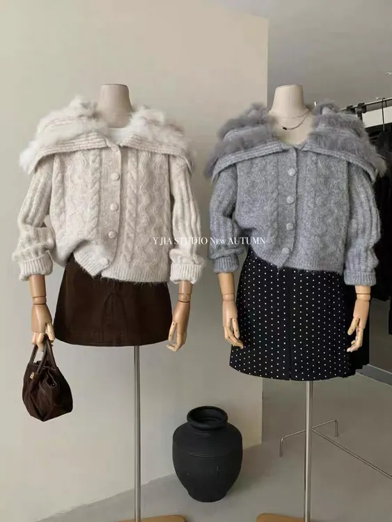 【气质主义】韩系ins风海军领环保狐狸毛针织开衫秋冬休闲百搭毛衣