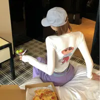 婉君Q【小新老板】秋季白色印花圆领修身打底上衣LWJ25C3T2874