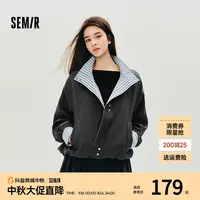 森马外套女秋季花苞拼接格子宽松立领2025新款复古风文艺通勤夹克