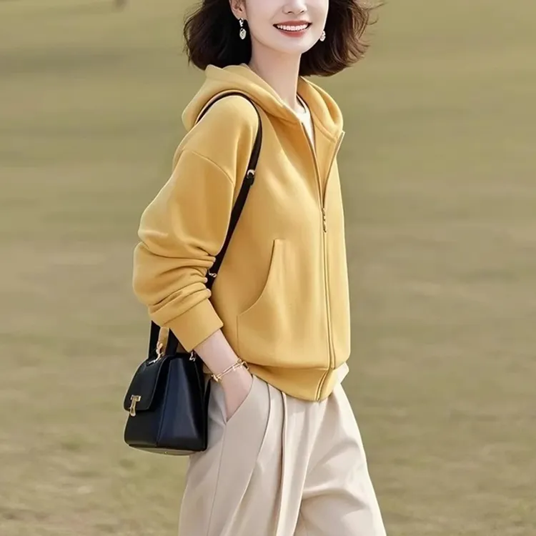 色连帽拉链卫衣外套女春秋2025新款早春装时尚宽松开衫短款上衣