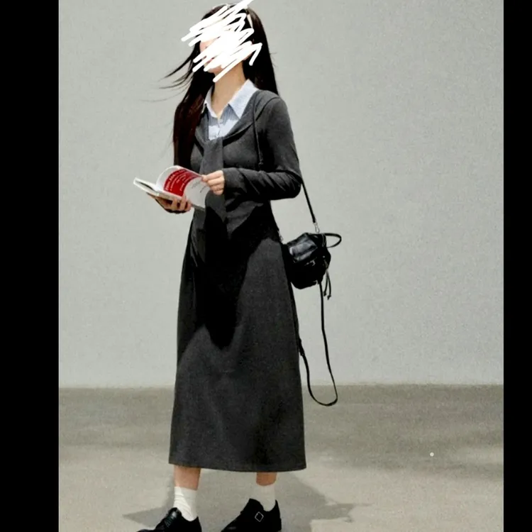 大码学院风假两件拼接衬衫连衣裙女秋季微胖mm显瘦收腰长裙子