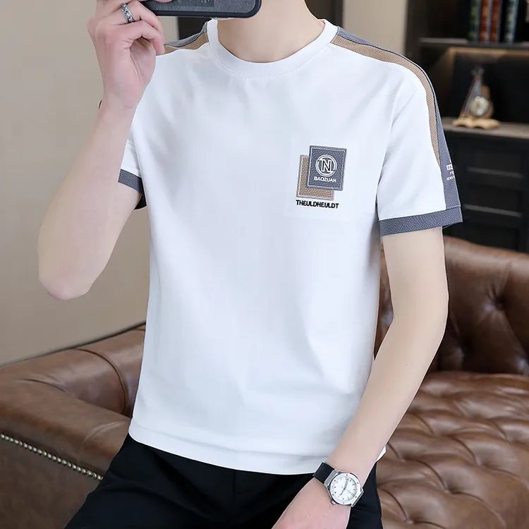 啄木鸟拼接白色短袖夏季新款男士短袖青少年运动半袖T恤百搭宽松
