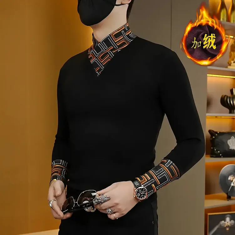 【专柜品质】冬季轻奢时尚个性休闲百搭男士加绒修身打底衫长袖卫衣