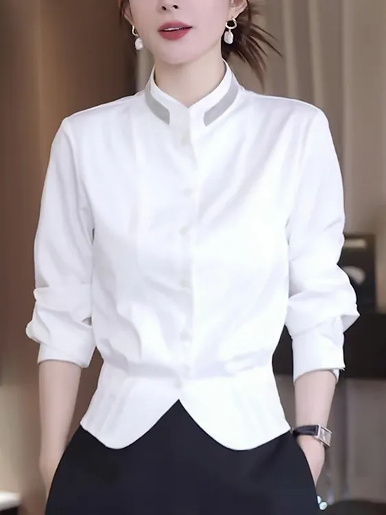 法式白色衬衫女2025秋季新款高级感气质减龄休闲立领收腰显瘦上衣