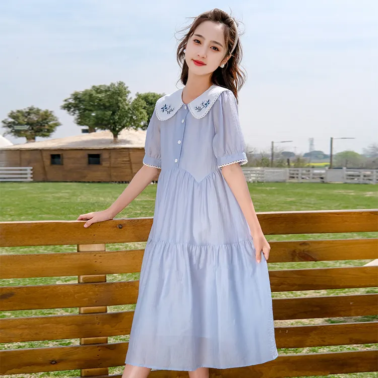 YEMK春夏水蓝天丝花边连衣裙夏款清新显瘦女大童X25296