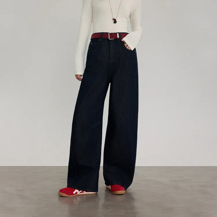 江洲【炽焰】冬季新款慵懒风纯色加绒加厚设计师女装阔腿弯刀牛仔裤