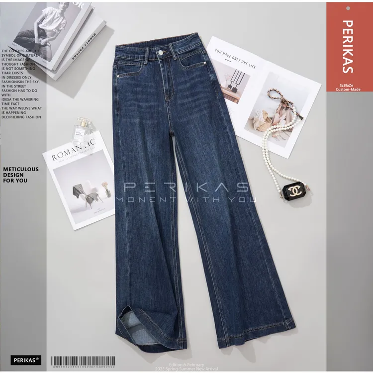 PERIKAS黛蓝牛仔裤微喇秋季新款百搭宽松弹力垂感高腰喇叭裤时尚