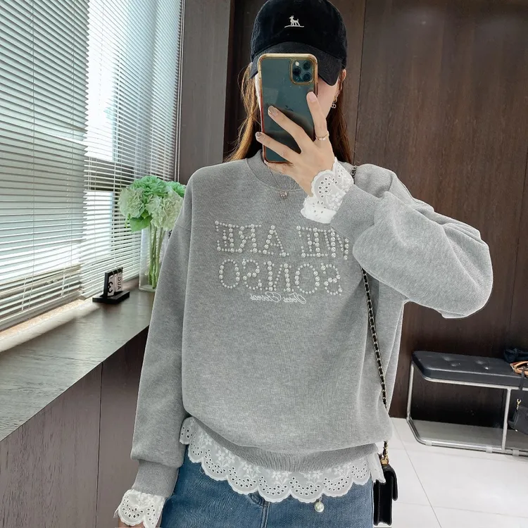 IMFLY金小金自制女装 假两件卫衣DYW8808春季休闲圆领钉珠上衣