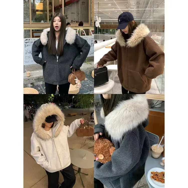 【NAZ微胖大码定制】秋冬百搭显瘦加绒加厚休闲宽松大毛领外套