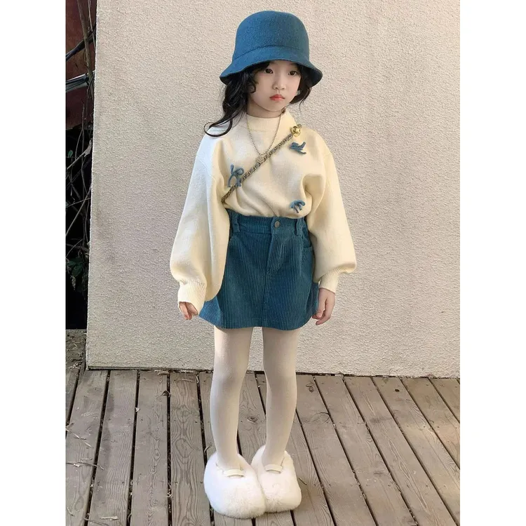 女童2025冬季新款蝴蝶结灯笼袖毛衣女宝宝灯芯绒半裙两件套时尚潮
