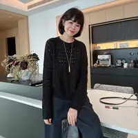 秋冬韩版时尚圆领镂空编织宽松显瘦百搭长袖针织衫