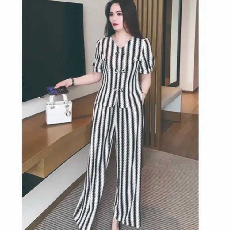 中年女短袖领上衣阔腿裤两件套2025夏季新款妈妈新中式时尚套装