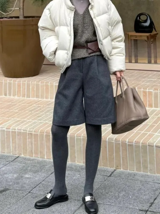 秋冬灰色毛呢短裤加厚直筒阔腿裤宽松bf慵懒风小个子裤子女五分裤