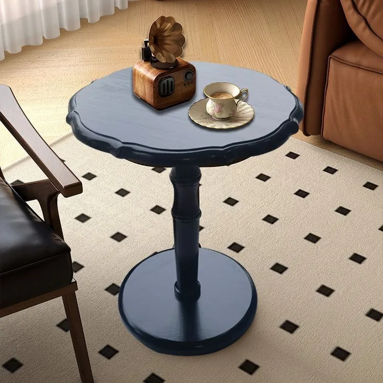 实木中古法式咖啡桌家用客厅沙发边小茶几圆形复古置物边几桌子