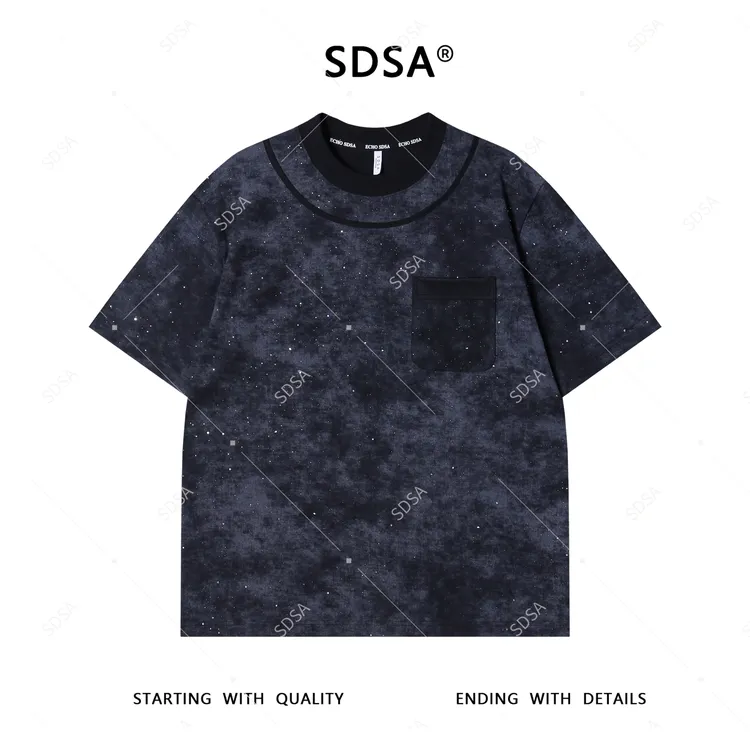夏季高级感新款男士美式扎染满天星设计短袖T恤口袋拼接百搭上衣
