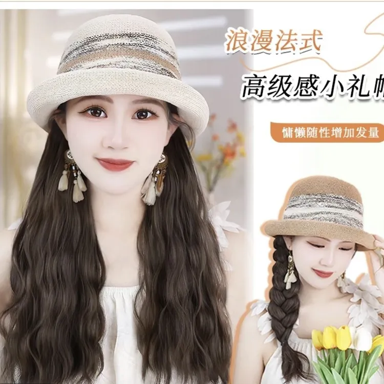 【温柔气质】法式卷沿帽子假发一体长卷发高级时尚显脸小条纹礼帽