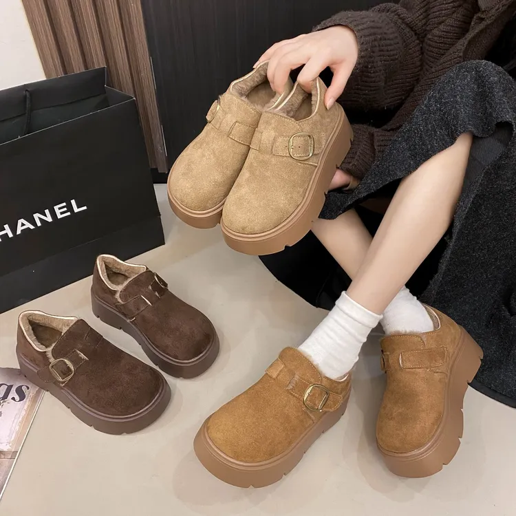 松糕厚底增高加绒勃肯鞋女2025冬季新款复古一脚蹬乐福博肯棉鞋子