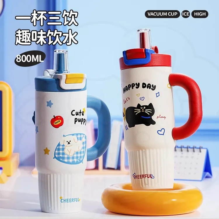 新款学生大容量卡通吸管杯不锈钢保温冰霸杯保冷保温便携杯L178