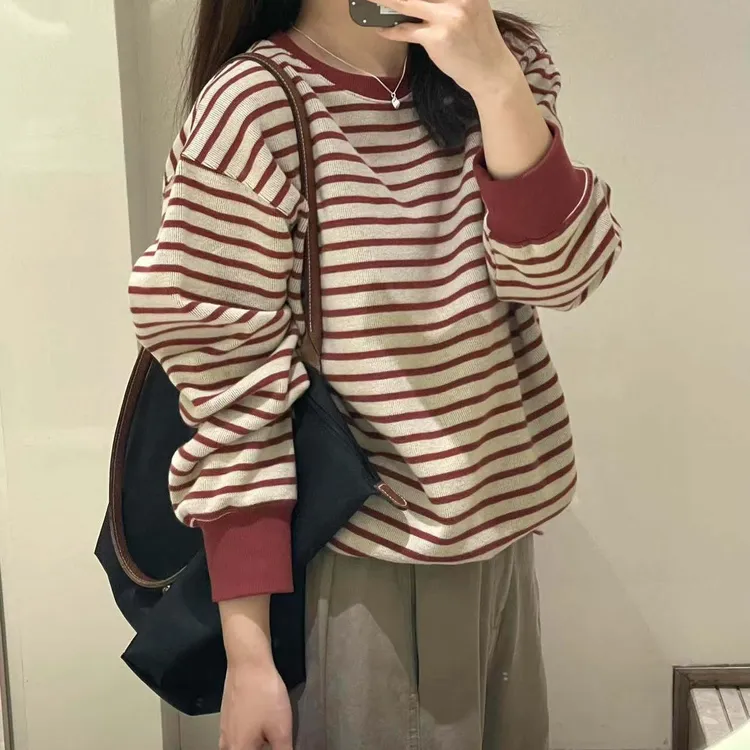 学院风圆领套头条纹卫衣女2025秋季新款oversize简约百搭长袖上衣