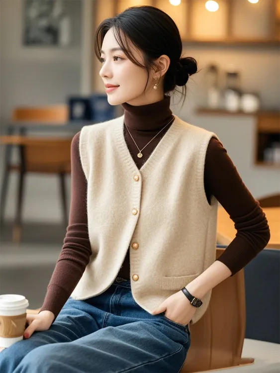 卡其色针织马甲背心女装2025早春新款时尚单排扣开衫外搭无袖上衣