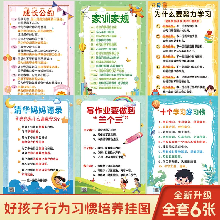 儿童励志家规家训挂图创意设计客厅装饰自律教育全套六张