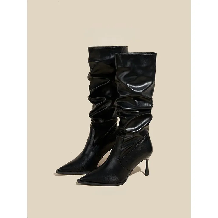 欧美尖头褶皱高筒长靴复古辣妹细跟尖头堆堆靴2025冬小腿显瘦靴子