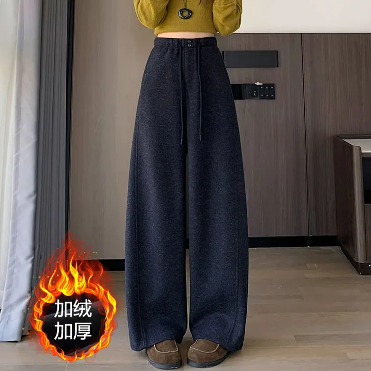 加绒加厚毛呢弯刀裤女秋冬2025新款宽松休闲松紧腰直筒阔腿裤子