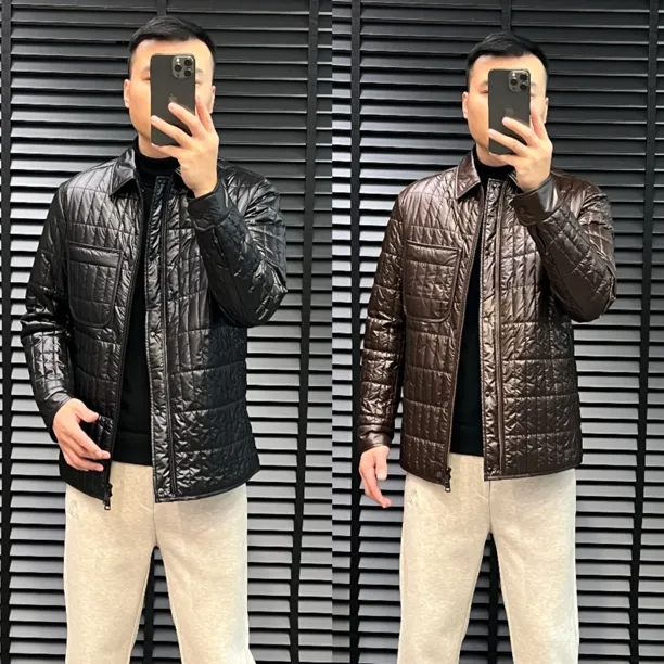 冬季男士高端白鹅绒翻领简约格子保暖时尚羽绒服外套