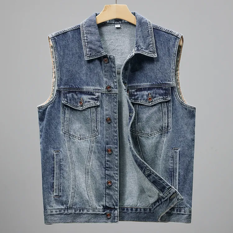 欧美高端牛仔马甲男士春夏季百搭无袖坎肩背心外套多口袋工装马夹