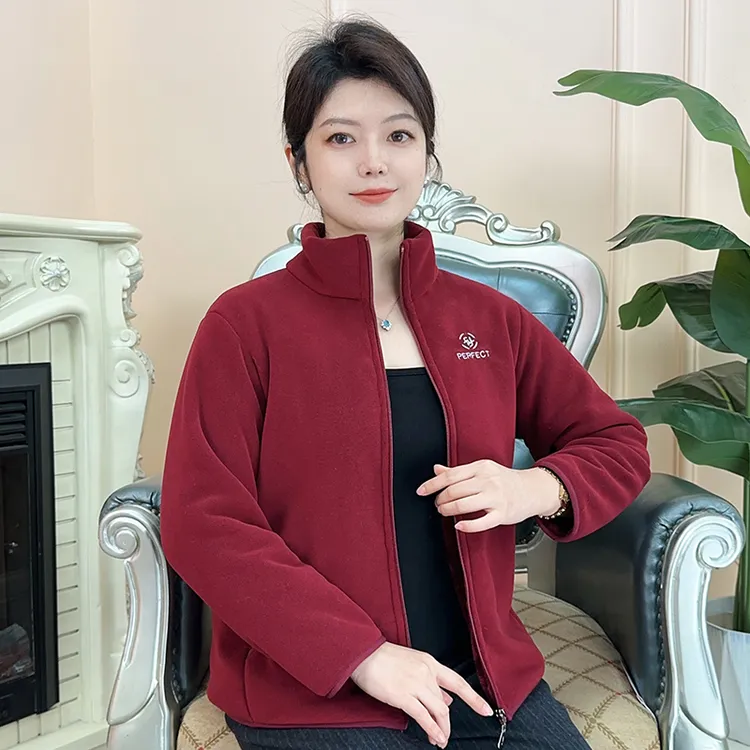 【酒红】春秋时尚休闲外套运动百搭气质加绒厚立领保暖妈妈装