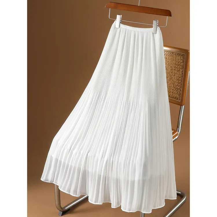 法式细褶雪纺半身裙女夏季高腰中长款气质休闲垂感百褶裙大摆长裙
