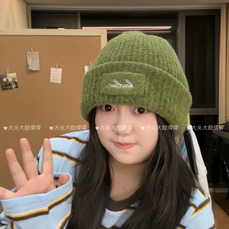 秋冬款大头围绵羊毛针织帽子女简约韩版毛线帽高级感加厚保暖防寒