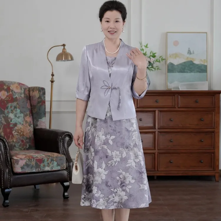 2025妈妈夏装新中式外套连衣裙两件套中年女时尚休闲长裙子套装