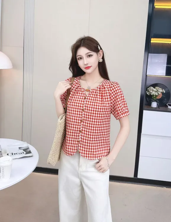 时尚洋气格子小衫简约大方小清新淑女夏季短袖小衫