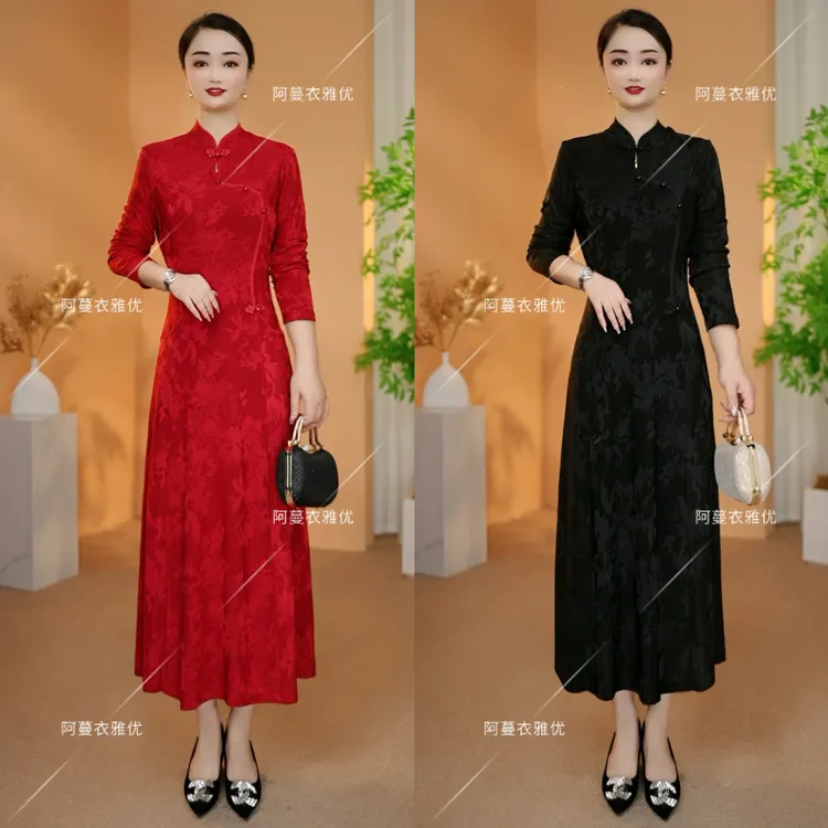 【衣雅严选】8226-2277#气质名媛风提花刺绣斜门襟新中式连衣裙