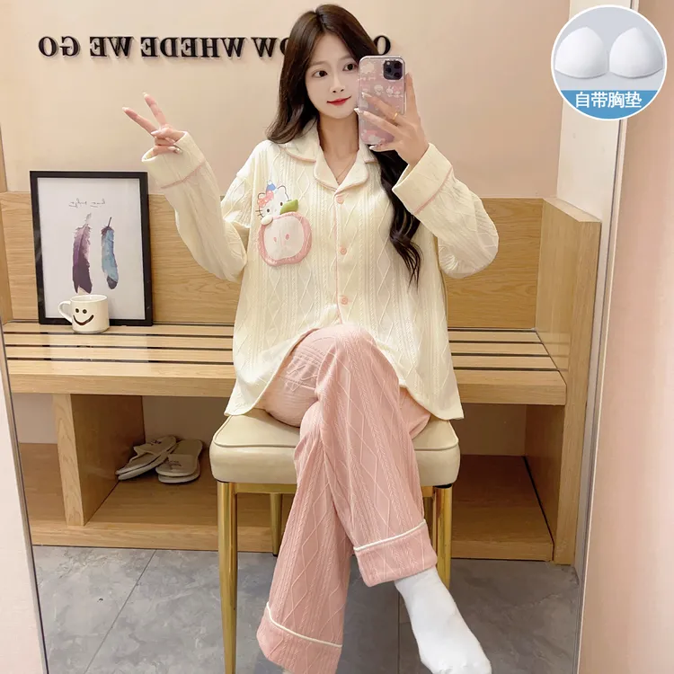 秋冬睡衣女长袖长裤带胸垫可外穿可爱卡通网红爆款少女家居服套装