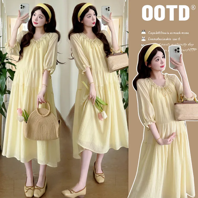孕妇装2025夏季新款法式时尚气质黄色高级感系带蝴蝶结甜美连衣裙