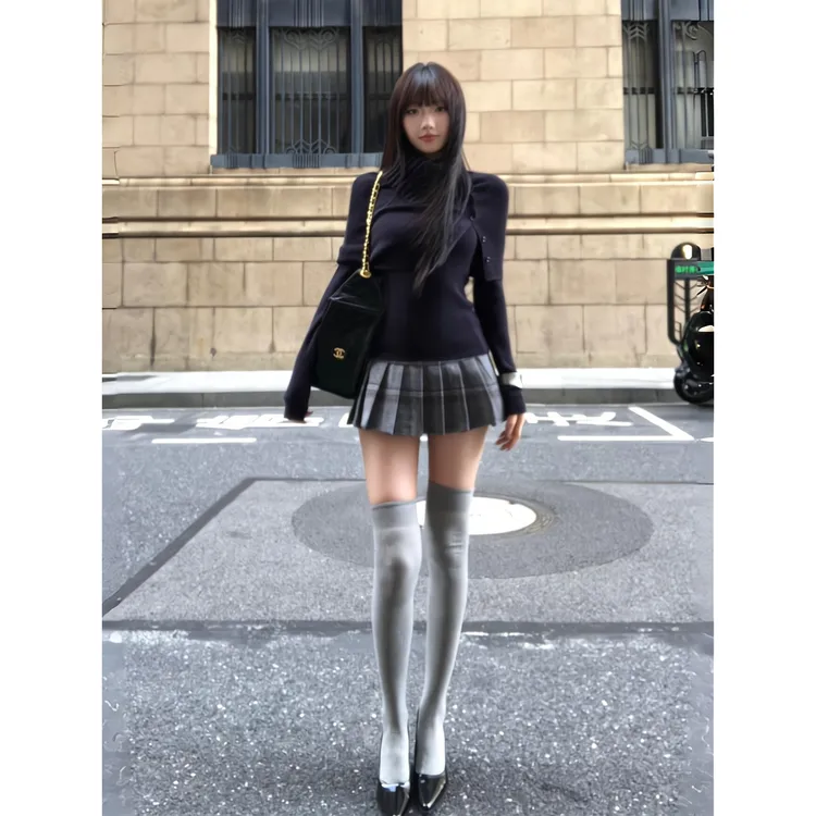 辣妹高领披肩斗篷内搭毛针织衫上衣女秋冬新款高腰半身短裙子套装