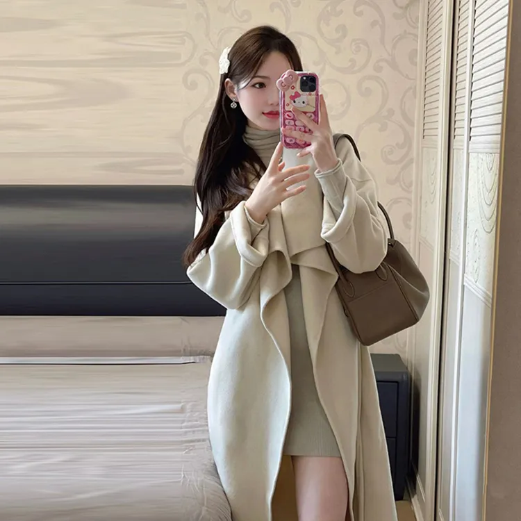 秋冬中长款结婚新娘双面绒毛呢外套女垂感网红红色小个子呢子大衣