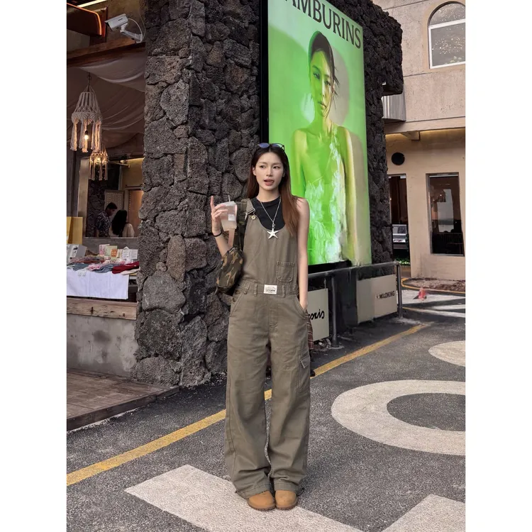 XFX 美式复古宽松直筒阔腿工装背带裤女高街休闲拖地束脚抽绳长裤