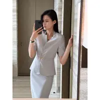 盛夏奢感 醋酸独特领口尾草绿西装外套半身裙两件套装-3507