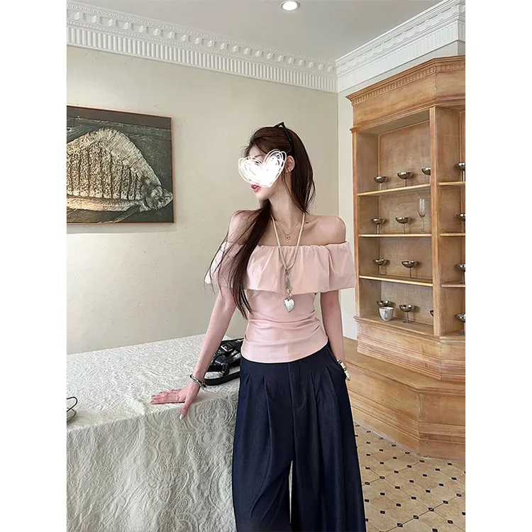 Moses Queen/魔西女王法式一字肩露锁骨T恤女夏氛围感荷叶边上衣