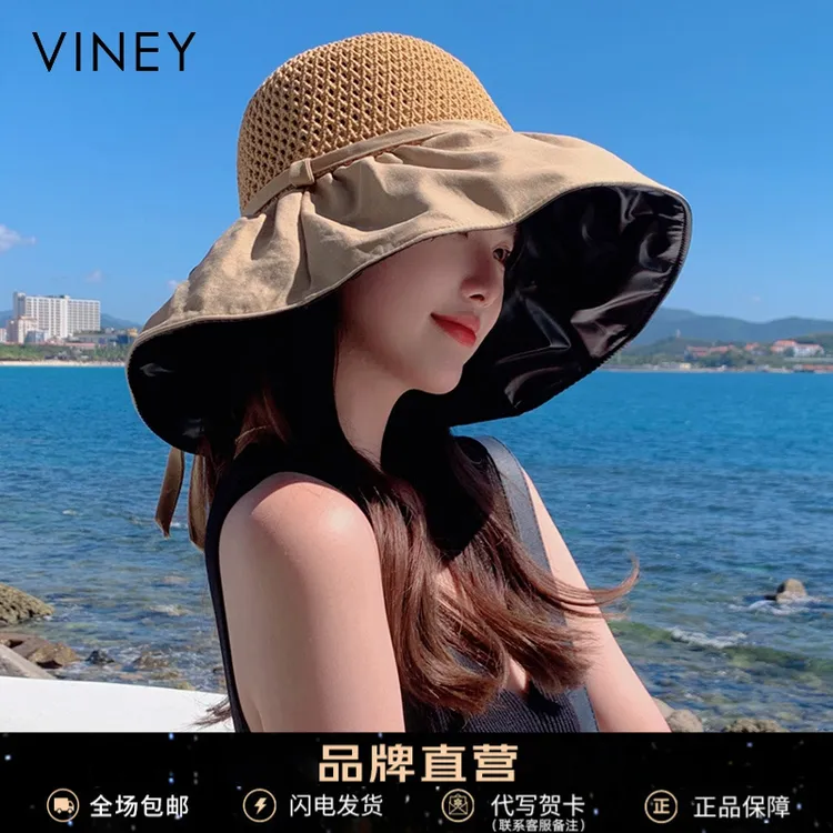 Viney防晒帽女款帽子2025防紫外线透气编织渔夫帽夏季遮阳大檐帽